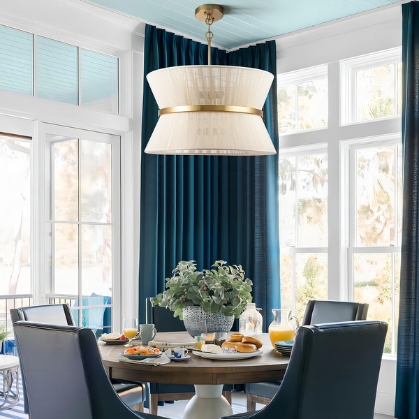 24 inch 8 Light Modern Farmhouse Large Round Chandelier Patinaed Brass Bleached Tiered Drum Natural Hand woven Rope Chandelier On Sale Bed Bath Beyond 36762293