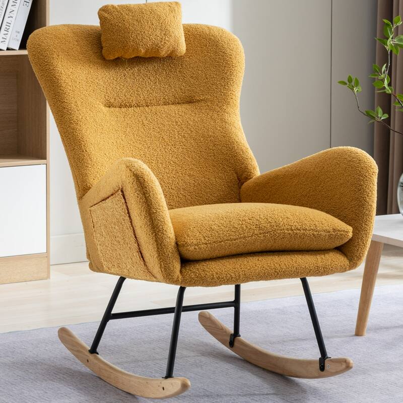 Teddy Fabric Wingback Rocking Chair for Nursery with Safe Solid Wood Base