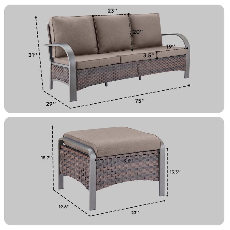 Pocassy Outdoor Patio Sofa Chairs Ottoman Set Funiture