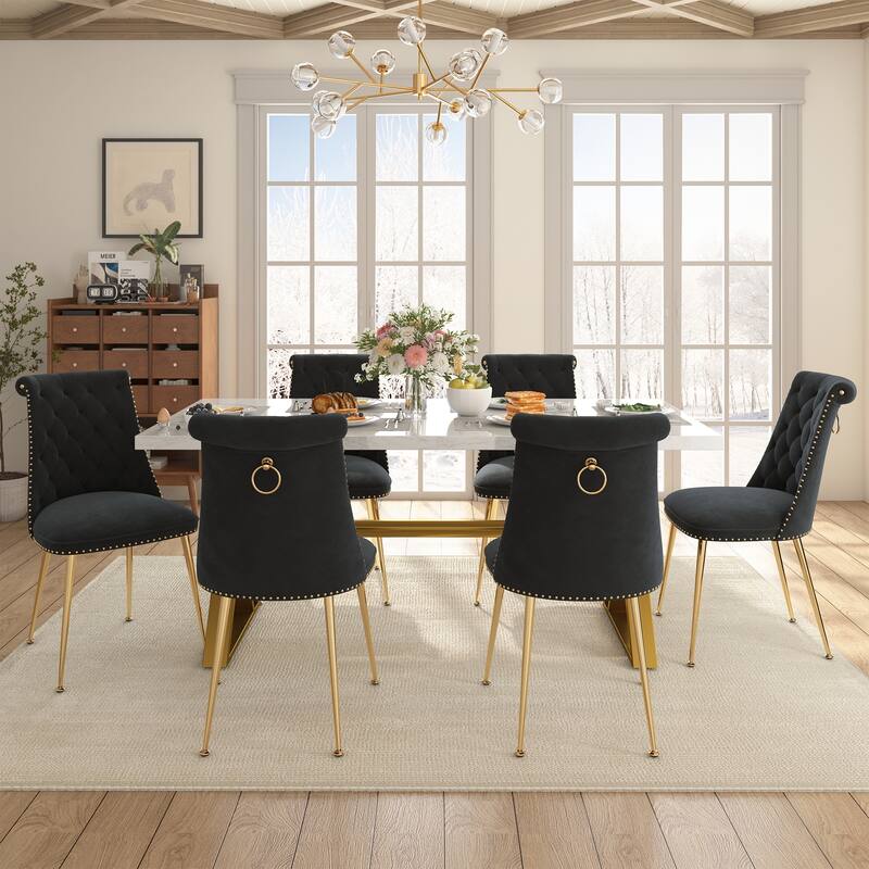 7-Piece Clihome Marble Dining Table with Velvet Chair Dining Chair
