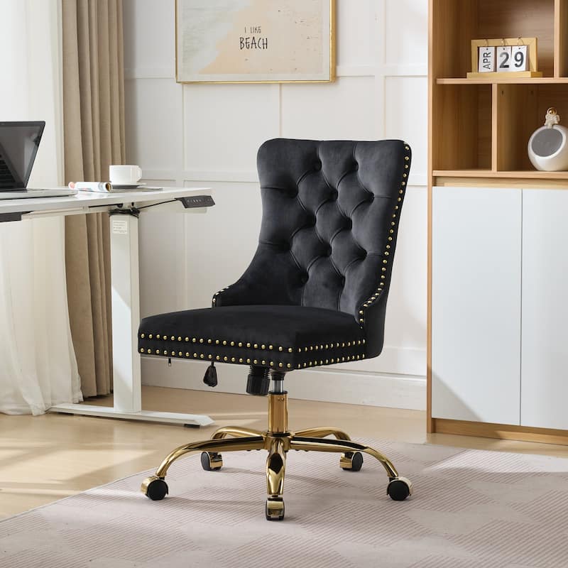 GDF Studio - Velvet Tufted Upholstered Home Office Chair with Golden Metal Base with Swivel Adjustment and Elegant Button Back - Black