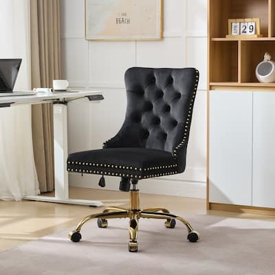Modern Velvet Upholstered Tufted Button Home Office Chair with Golden Metal Base,Adjustable Desk Chair Swivel Office Chair