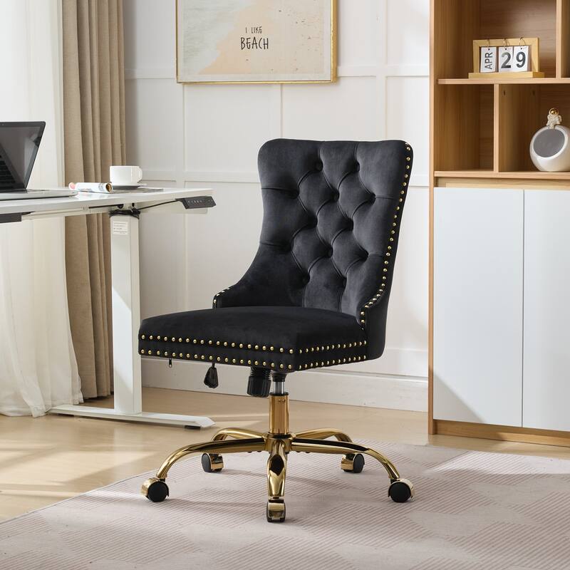 Velvet Upholstered Home Office Chair, Tufted Swivel Chair with Wheels, Ergonomic Computer Chair with Adjustable Height - Black