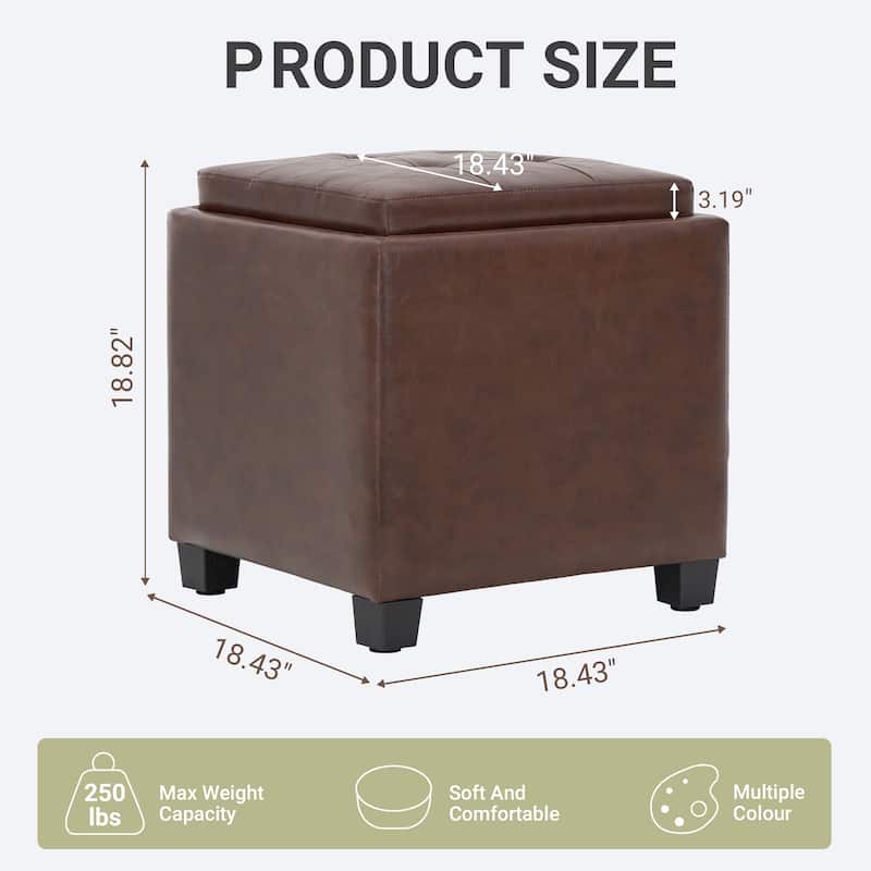 RENEWLINE ​18" Square Storage Ottoman with Tray - 250LBS Weight Capacity, Leather Upholstered Footstool for Living Room