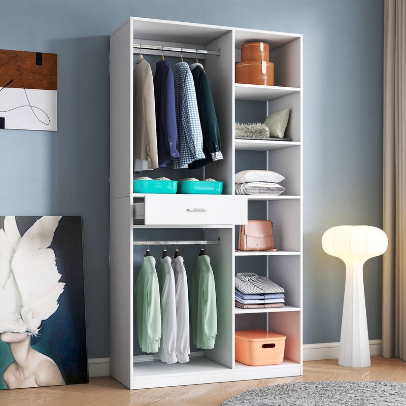Freestanding Closet System with 6 open Shelves,74.8''Heigh Closet with 1 Wood Drawers,Wood Walk-in Closet with 2 Hanging Rod
