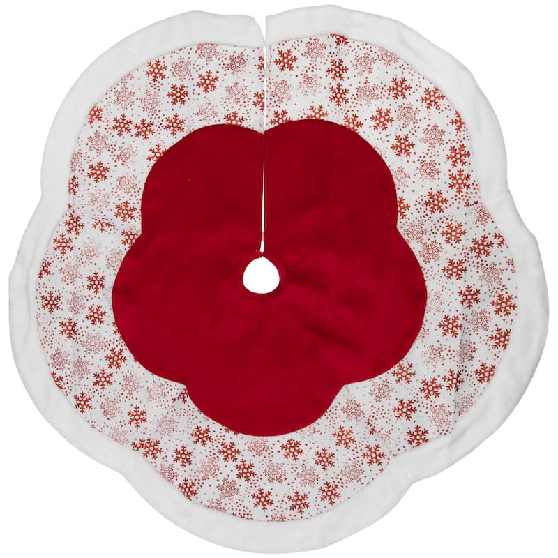 48" Red and White Glitter Snowflake Scallop Christmas Tree Skirt - 48