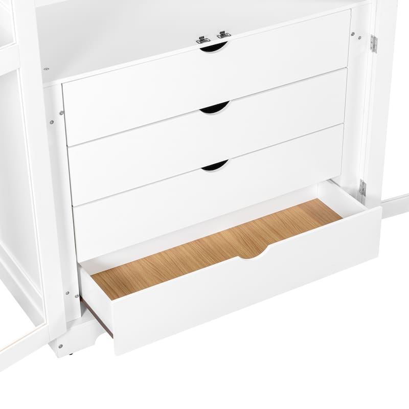 Kitchen Pantry, Freestanding Kitchen Storage Cabinet Display Cabinet with Glass Doors and 4 Built-in Drawers for Living Room