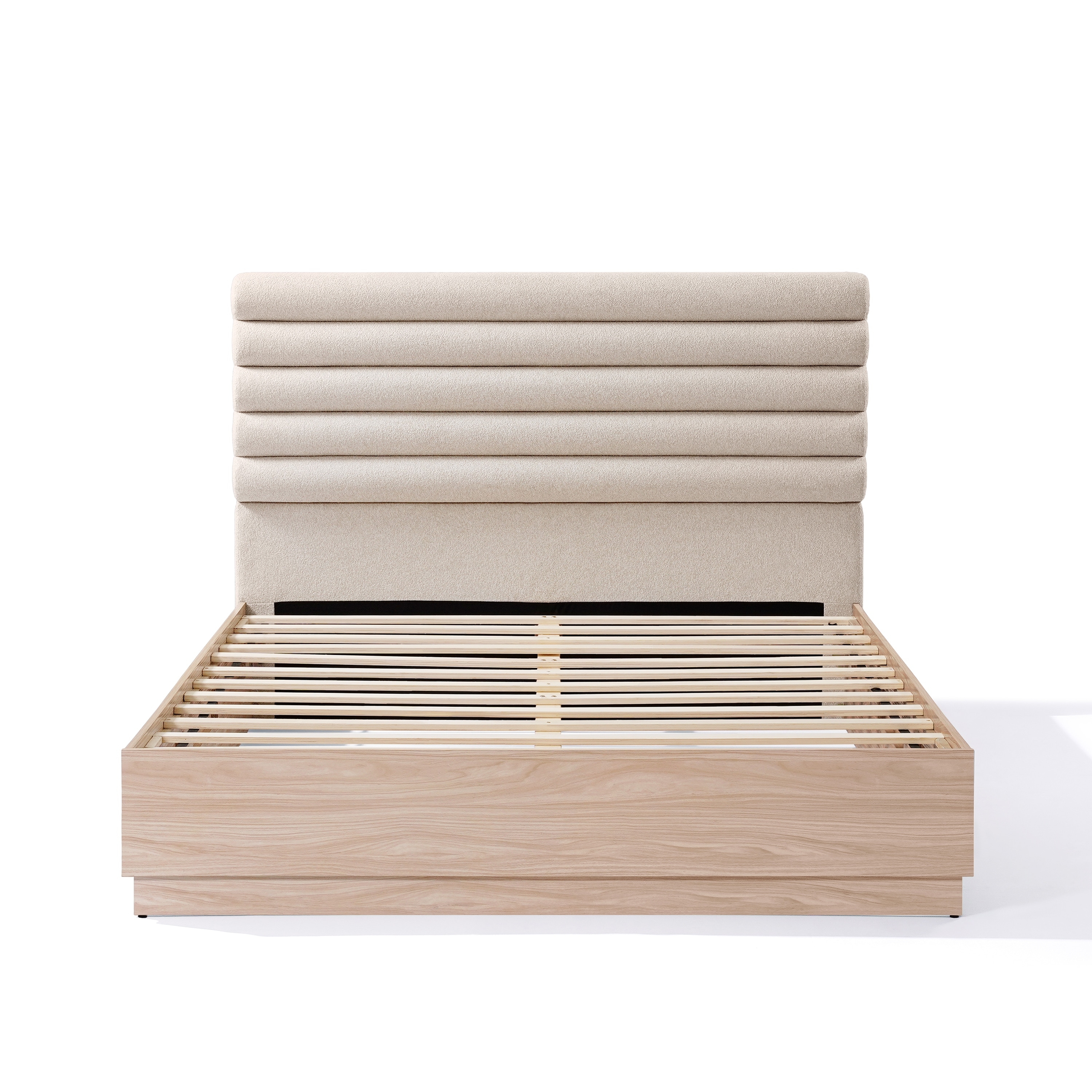 Queen Size Wooden Platform Bed Frame with Boucle Fabric Upholstered Headboard