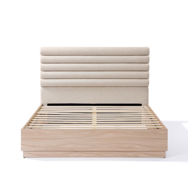 Queen Wood Bed Frame with Fabric Upholstered Headboard