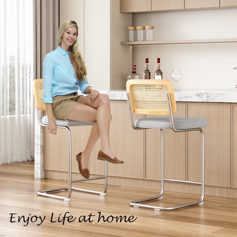 Counter Height Bar Stools Set of 2, Upholstered Velvet Barstools with Rattan Back, 24 inch Stools Armless Bar Chairs