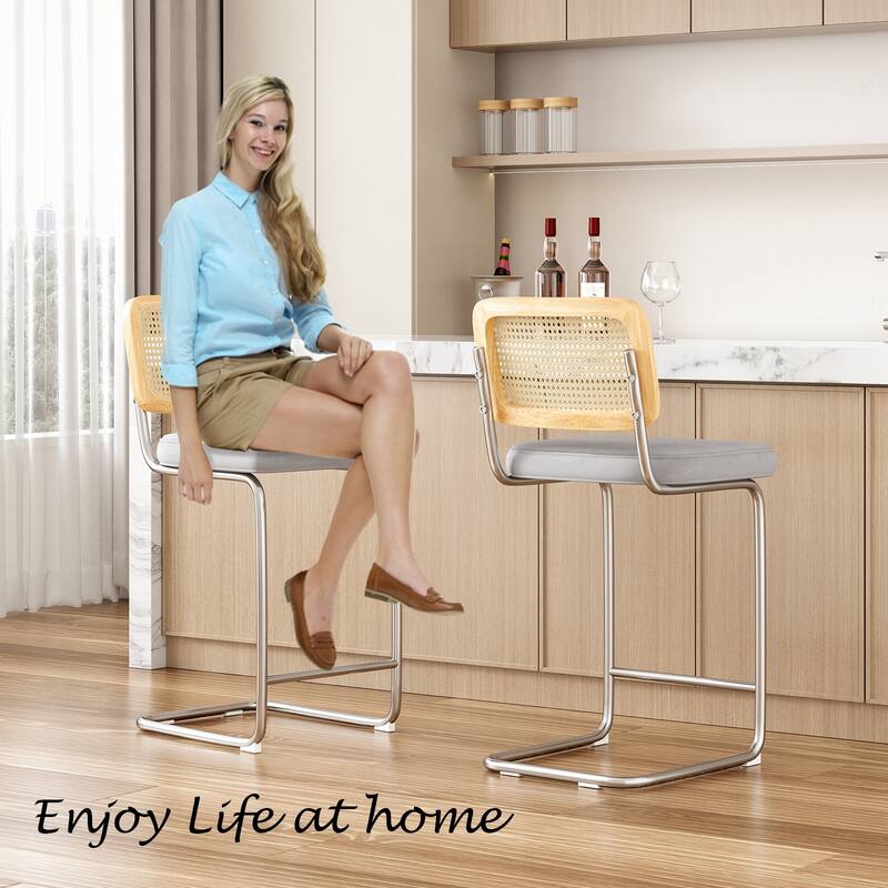 Dining Chairs Set of 2, Mid-Century Modern Kitchen Chairs with Rattan Backrest & Metal Frame, Boucle Upholstered Accent Chairs