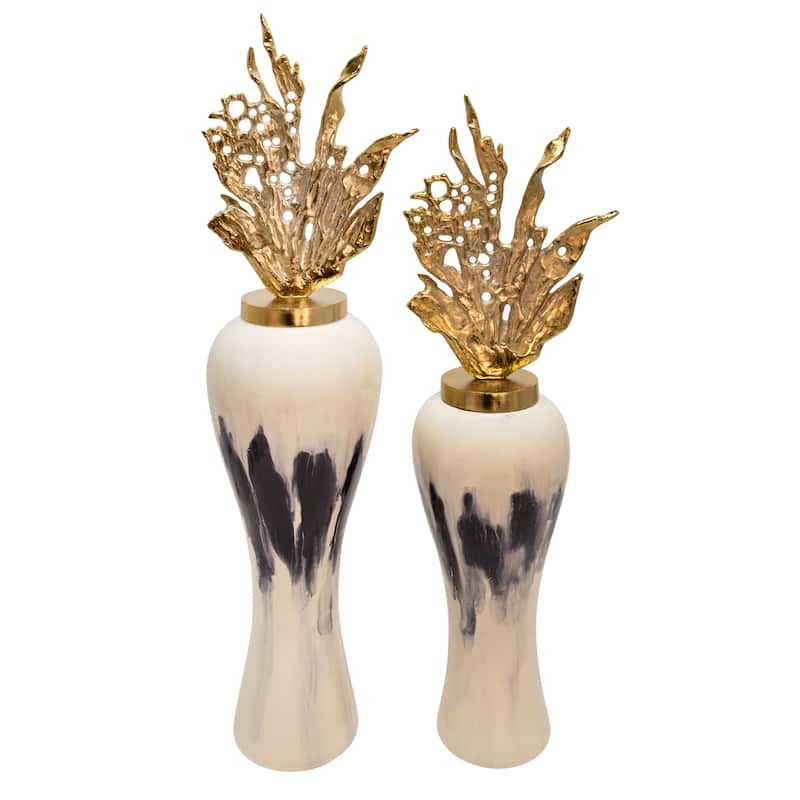 Metal Vase - Contemporary Glam Aluminum and Glass Vase with Creative Leaf Lid Decorative Table Decor - 13" x 10" x 43"