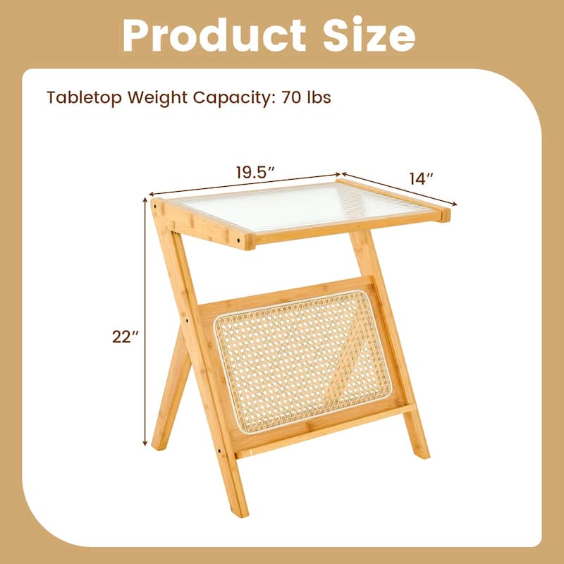 Decorative End Table with Rattan Accents and Storage Rack - 19.5" x 14" x 22" (L x W x H)