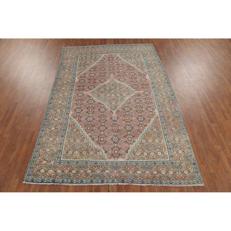 Pink Geometric Tabriz Persian Vintage Rug Hand-Knotted Wool Carpet - 6'7"x 9'9"