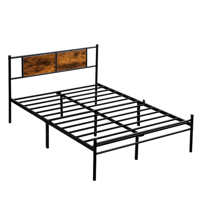 Metal Platform Bed Frame with Headboard and Wood Panel Decoration, Twin, Full, and Queen Sizes Bedroom Furniture