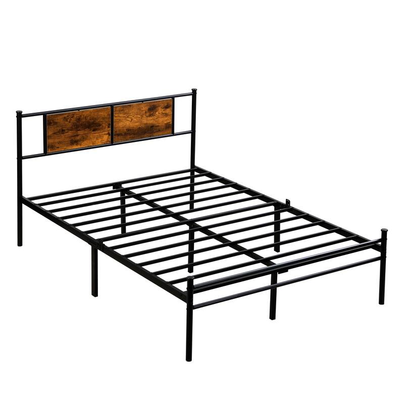 Queen Size Metal Platform Bed with Wood Panel Headboard and Under-Bed Storage