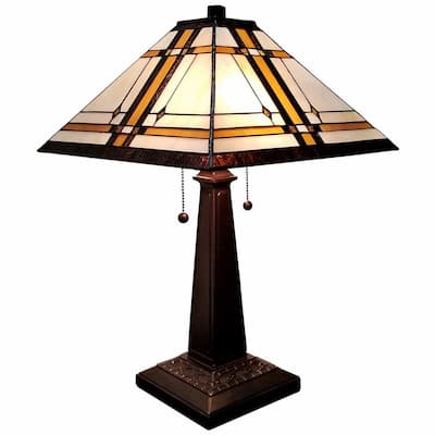 Dark Brown Metal Table Lamp with Dual Beige-Stained Glass Shades - 11” x 21” x 22” (D x W x H)