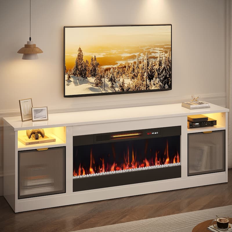 Bestier 71 in. Freestanding Fireplace TV Stand for TVs Up to 80 in. with Ample Storage in Glossy - 22.83hx71wx15.75d - White