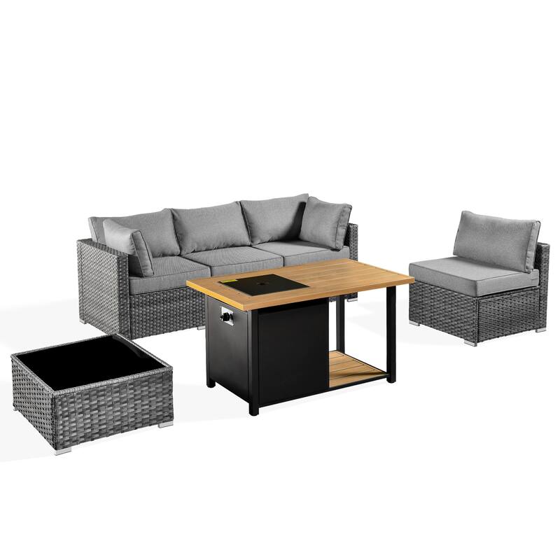 HOOOWOOO 4 Seater Grey Rattan Outdoor Furniture Fire Pit Set