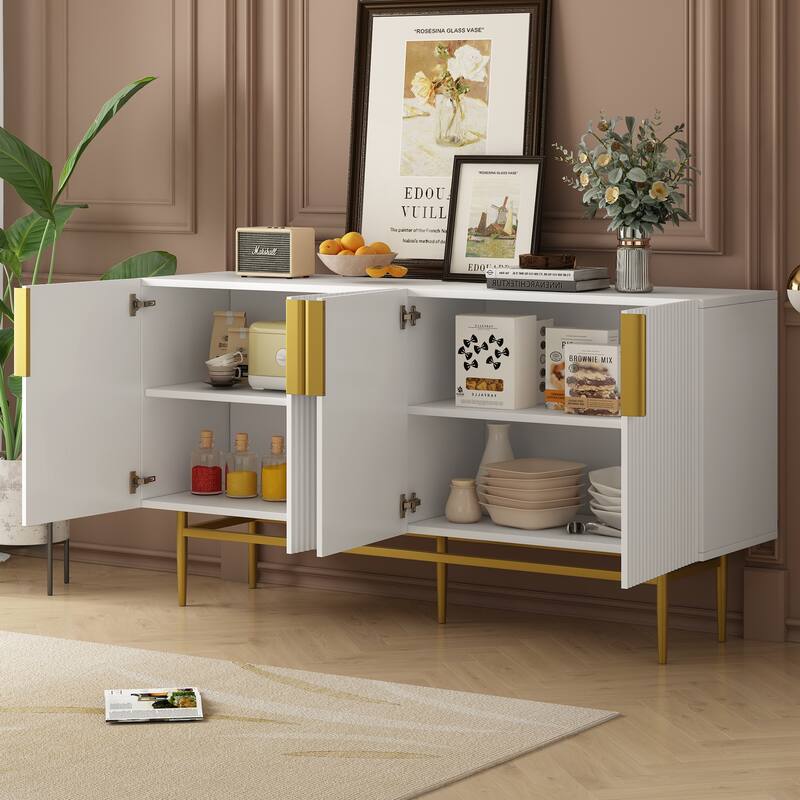 Stylish Sideboard Buffet Cabinet with Wavy Stripe Design, Gold Metal Legs, Ample Storage Space for Hallway, Living Room