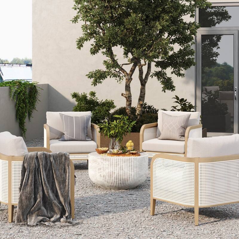 Twila Bohemian Outdoor Upholstered Rattan Patio Seating with Solid Wood Frame