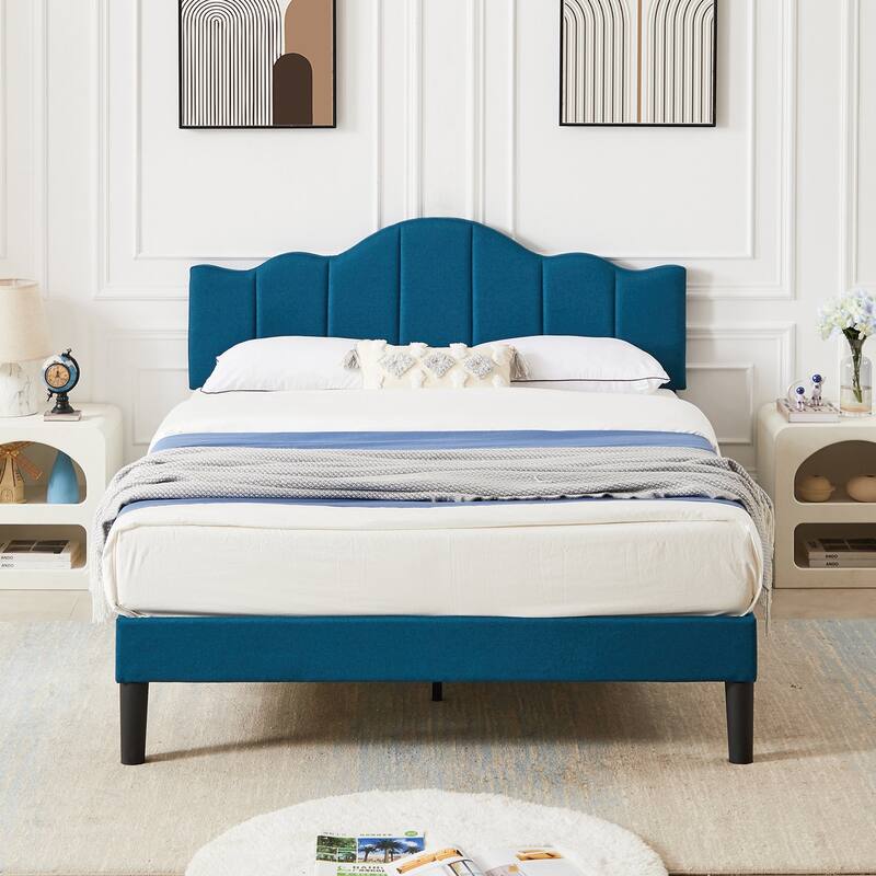 Javlergo Upholstered Platform Bed Frame with Adjustable Headboard, Wood Slat Support and Noise-Free, No Box Spring Needed - Blue - Full