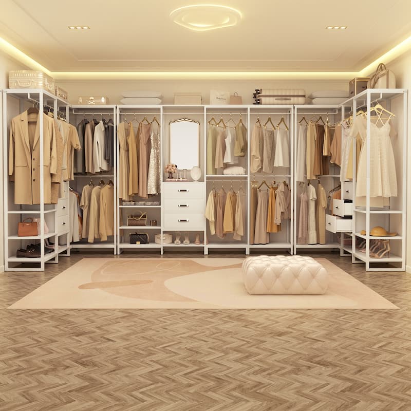 Closet Organizer with Wood Drawers, Garment Rack with Wood Shelves for Reach-in/ Walk-in Closet