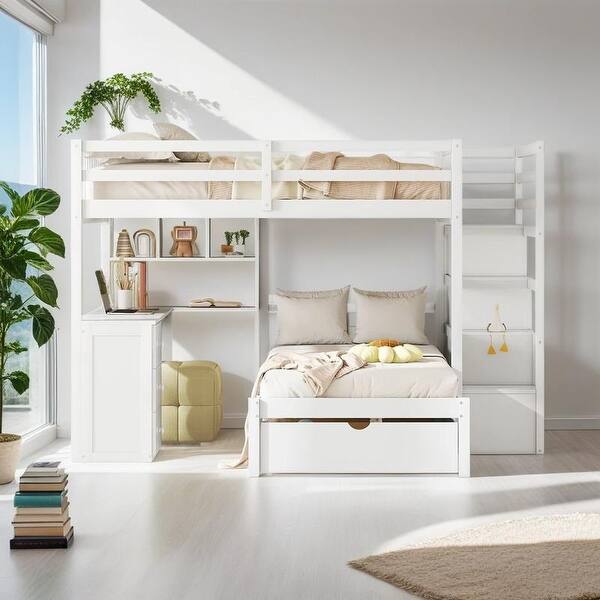 slide 2 of 19, Elegant Full Over Twin Bunk Bed with Desk, Drawers and Shelves, Integrated Study Space, Versatile Sleeping Arrangements, White White