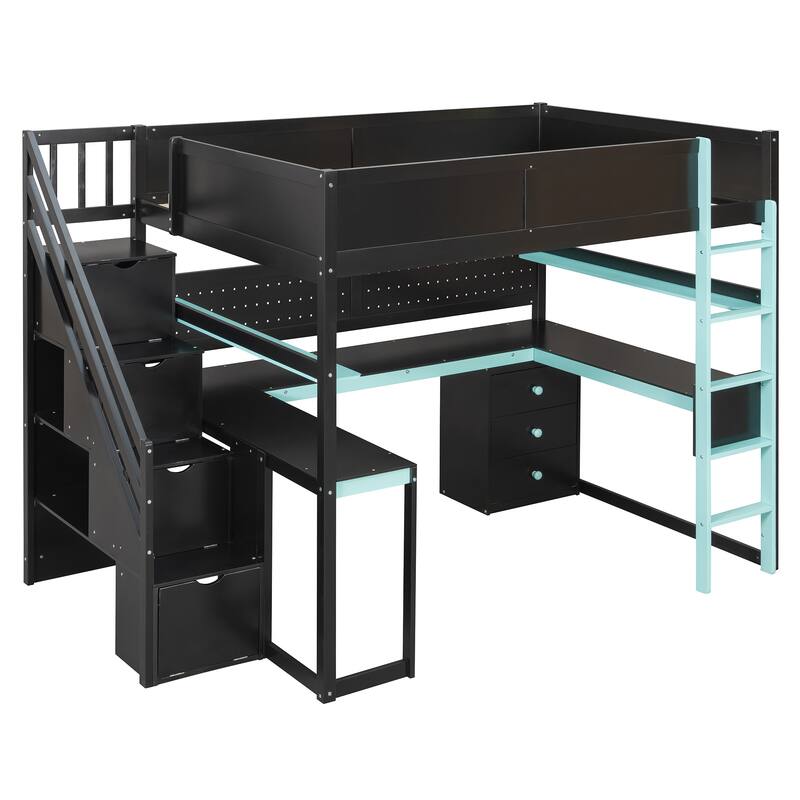 Gaming Loft Bed with Recessed Table Cabinet Pegboard Storage Stairs