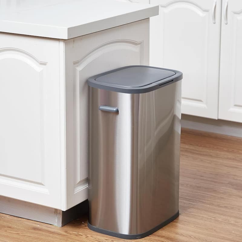 55L/14.5 Gallon Rectangular Kitchen Stainless Steel Trash Can with Pop-Up Lid, Removable Inner Bucket - Grey