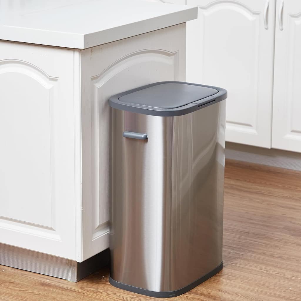 55L/14.5 Gallon Rectangular Kitchen Stainless Steel Trash Can with Pop-Up Lid, Removable Inner Bucket