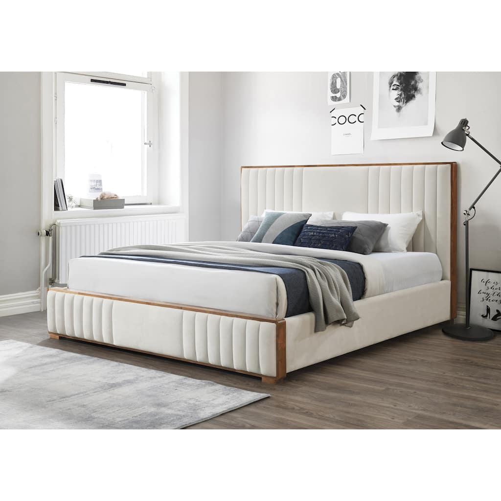 GDFStudio Upholstered Beige Chenille and Walnut Finish Platform Bed