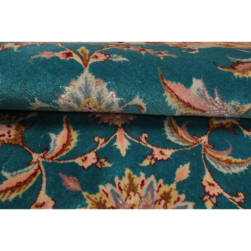 6'4''x6'4" Turquoise TTabrizz Round Rug Floral Design in Hand Knotted Wool & Silk - 6' 4'' x 6' 4''-Round
