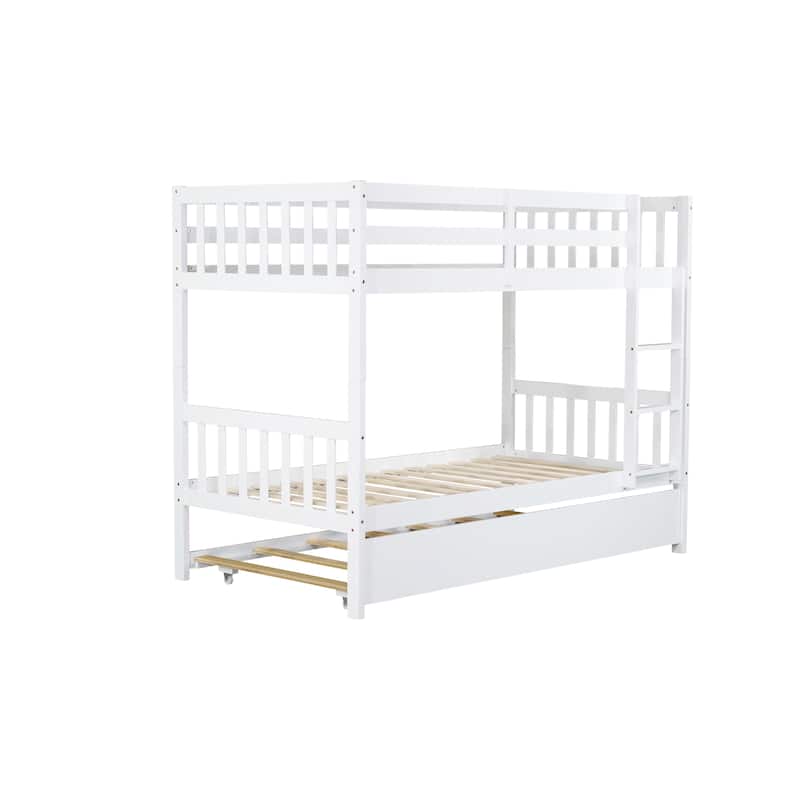 Convertible Twin Over Twin Bunk Bed with Trundle, White Rubber Wood, Safety Guardrails, and Ladder