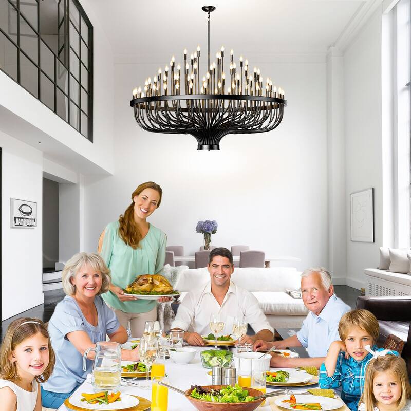 Rustic Industrial Farmhouse Chandelier - 48/96-Light Adjustable Black Candle Pendant Light for High Ceilings, Dining Room