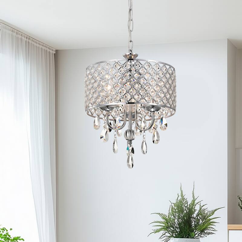 Marya 3-Light Chrome Round Beaded Drum Chandelier with Hanging Crystals, 12 in. Dia