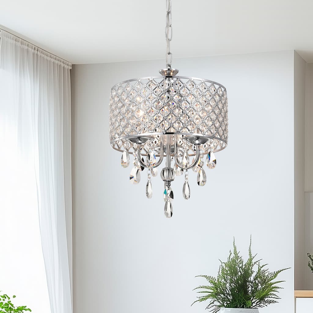 Marya 3-Light Chrome Round Beaded Drum Chandelier with Hanging Crystals, 12 in. Dia