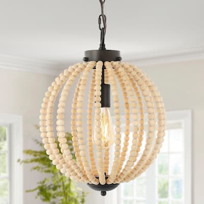 Alba 12.5" 1-Light Rustic Bohemian Iron/Wood Bead LED Pendant, Oil Rubbed Bronze/Brown by JONATHAN Y