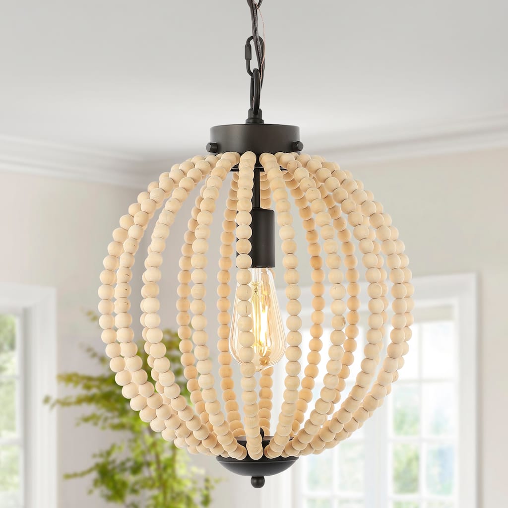 Alba 12.5" 1-Light Rustic Bohemian Iron/Wood Bead LED Pendant, Oil Rubbed Bronze/Brown by JONATHAN Y