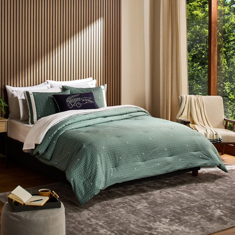 Lacoste Heritage Geo Percale Cotton 3-Piece Comforter Set - Queen - Green