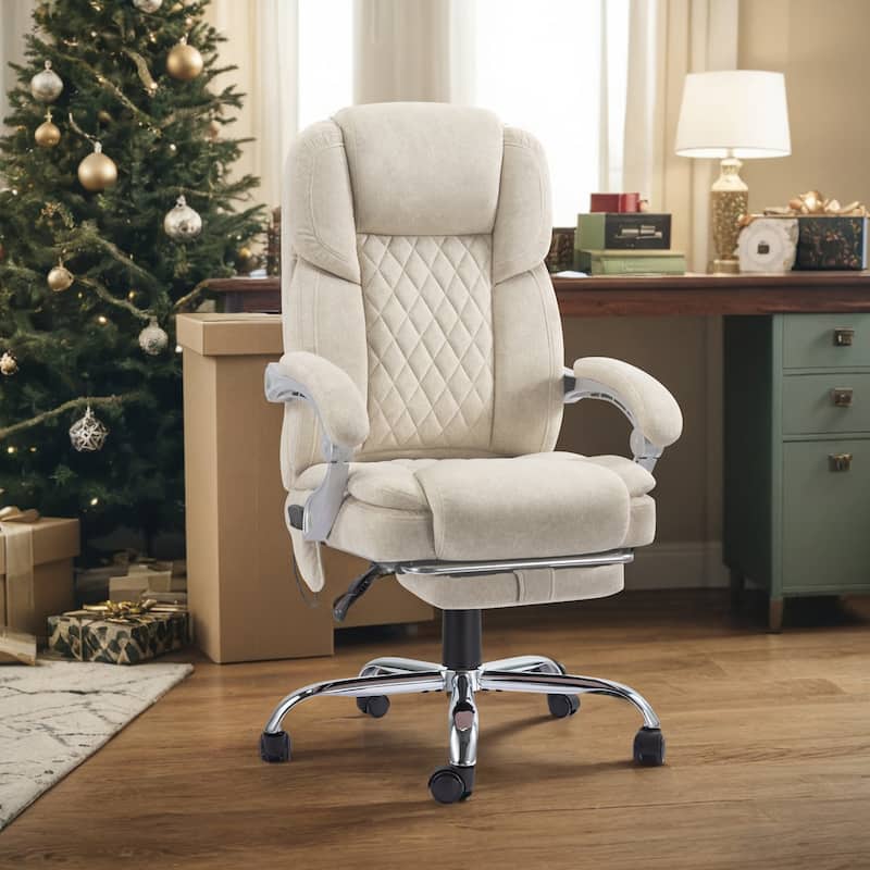EROMMY Ergonomic Heated Massage Office Chair with Lumbar Support, Reclining Backrest, 2/4/6-Point Massage - Off-White