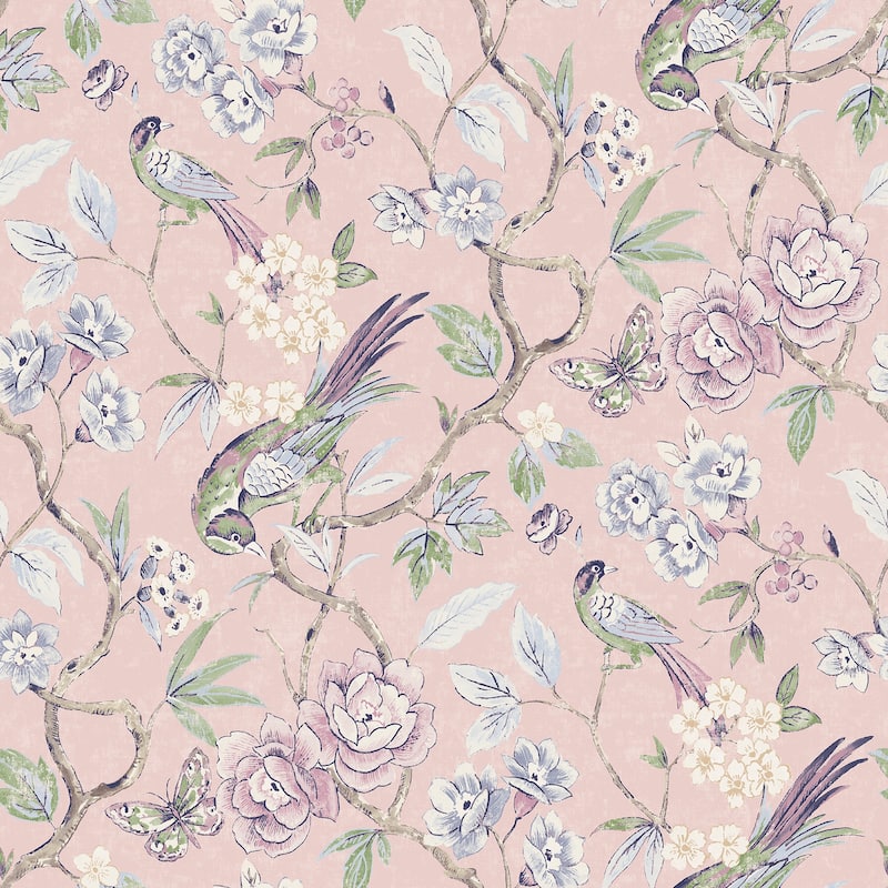 NuWallpaper Waverly Aviary Garden Pink Peel and Stick Wallpaper - N/A