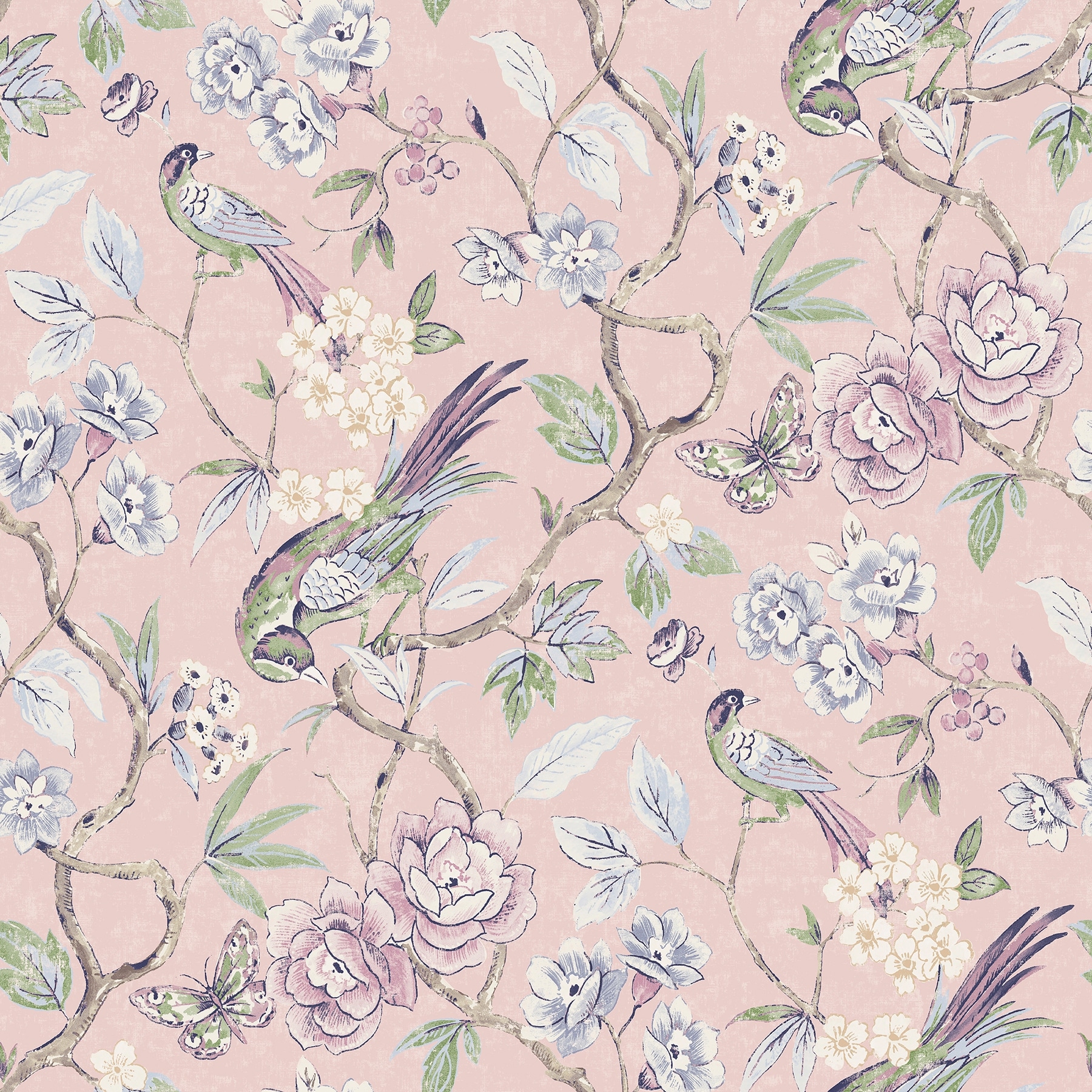 NuWallpaper Waverly Aviary Garden Pink Peel and Stick Wallpaper - N/A