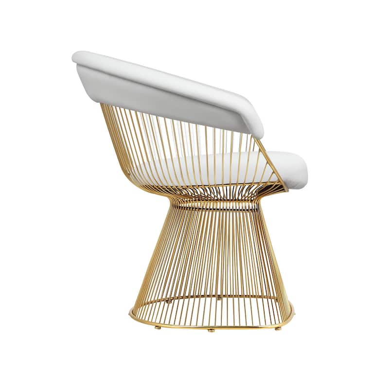 Mimi 27 Inch Accent Armchair, Gold Slatted, Padded Back, White Faux Leather