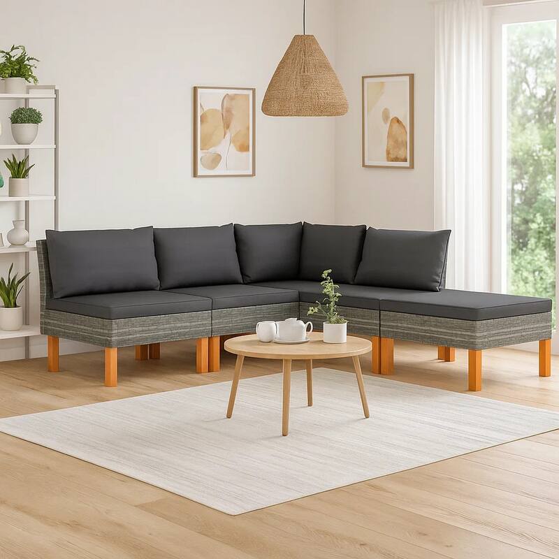 Casey 5pc Outdoor Modular Lounge Sofa Set, Gray Rattan, Brown Wood