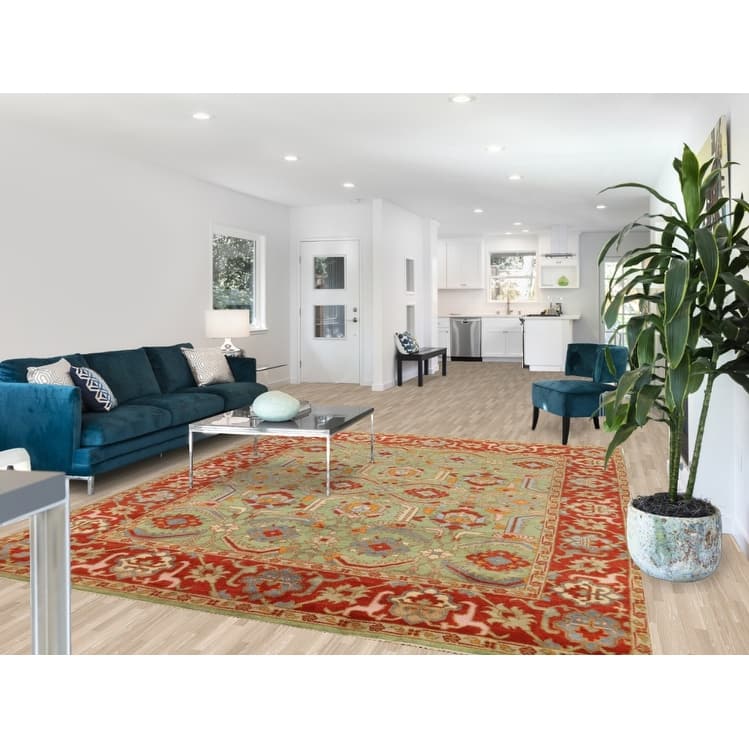 Hand Knotted Oriental 100% Wool Carpet Traditional Geometric Green Heriz (serapi) Area Rug - 9' 10'' X 8' 0''