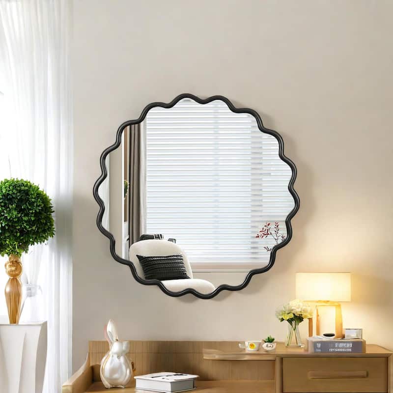 Solid Wood Wavy Mirror-Black Vanity Mirror Wall Decor 36" x 36" Modern Mirror Wall Decor