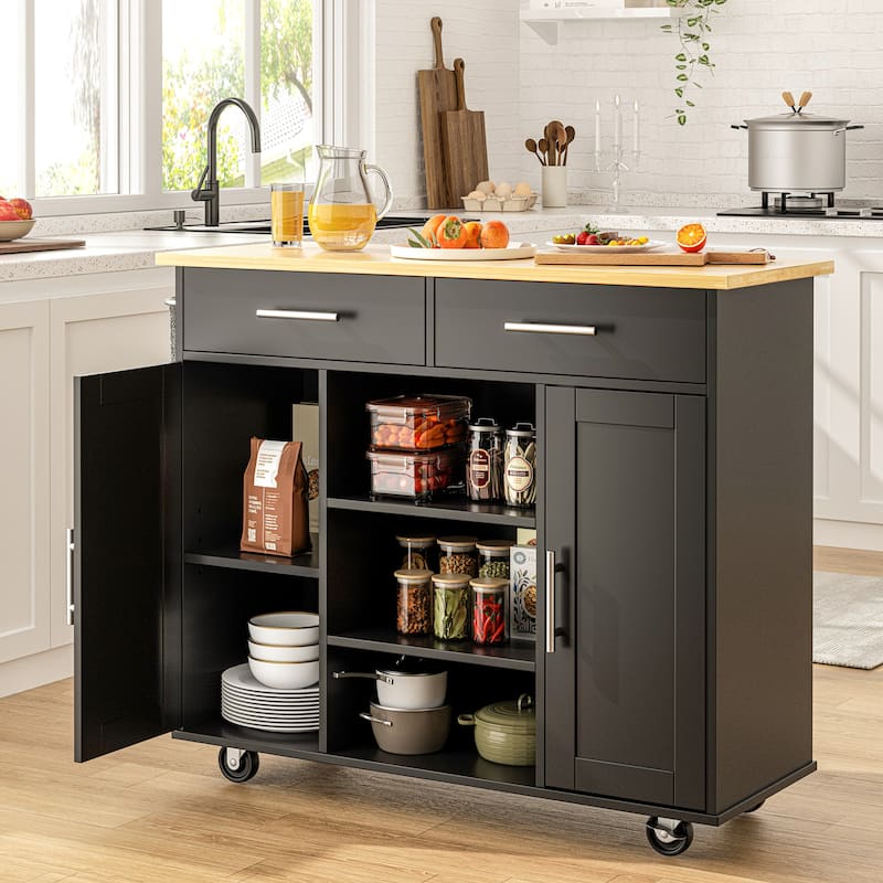 Rolling Kitchen Island with Storage Cabinet & Drawers - Rubber Wood Top for Dining & Kitchen Storage - Black