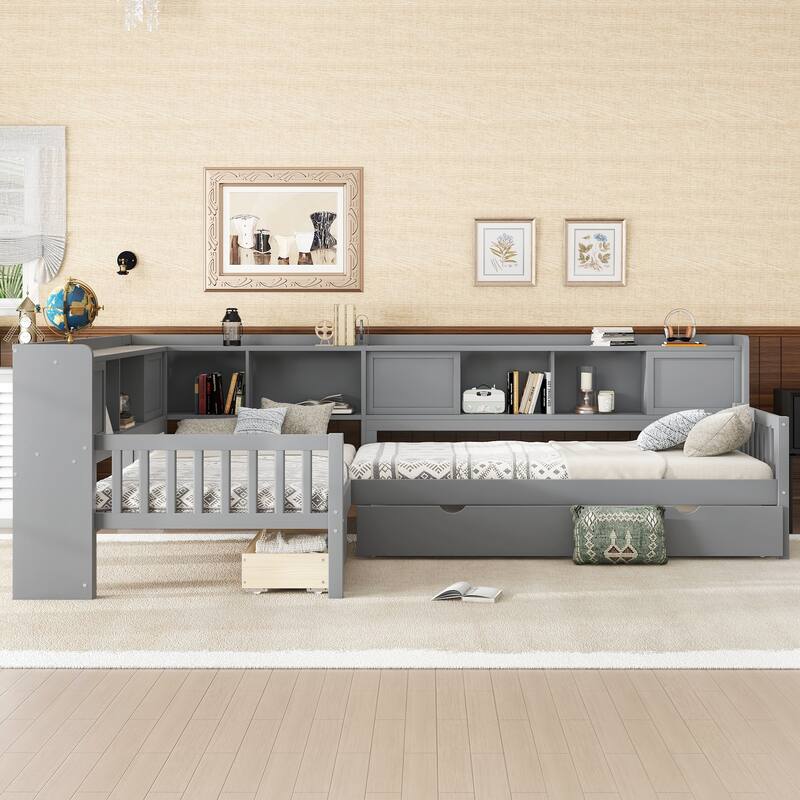 L-shaped Bunk Platform Bed Twin Size Solid Wood Storage Bedframe with Trundle, Drawer and Open Shelves for Boys, Girls, Kids