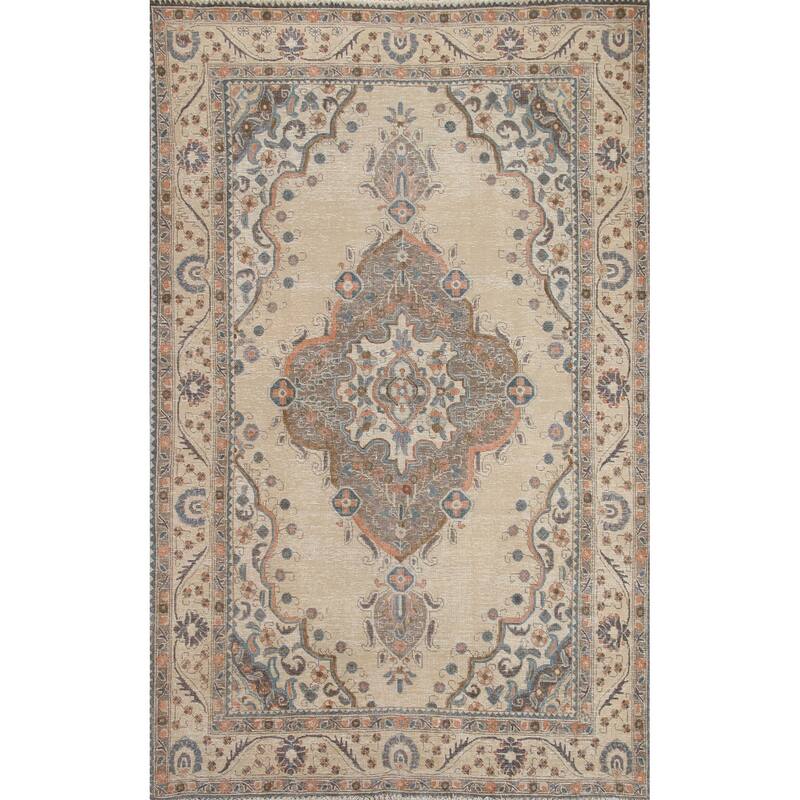 Hand Knotted Oriental 100% Wool Carpet Traditional Medallion Beige & Ivories Tabriz Area Rug - 9' 5'' X 6' 5''